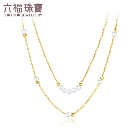 六福珠宝光影金珠黄金项链女新款5G双层珍珠项链足金计价012947NA图片